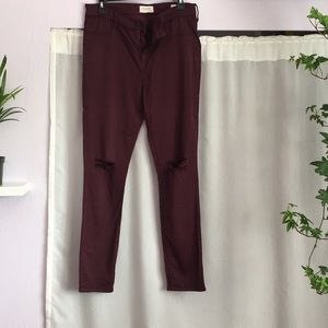 high-rise distressed skinny maroon jeggings
